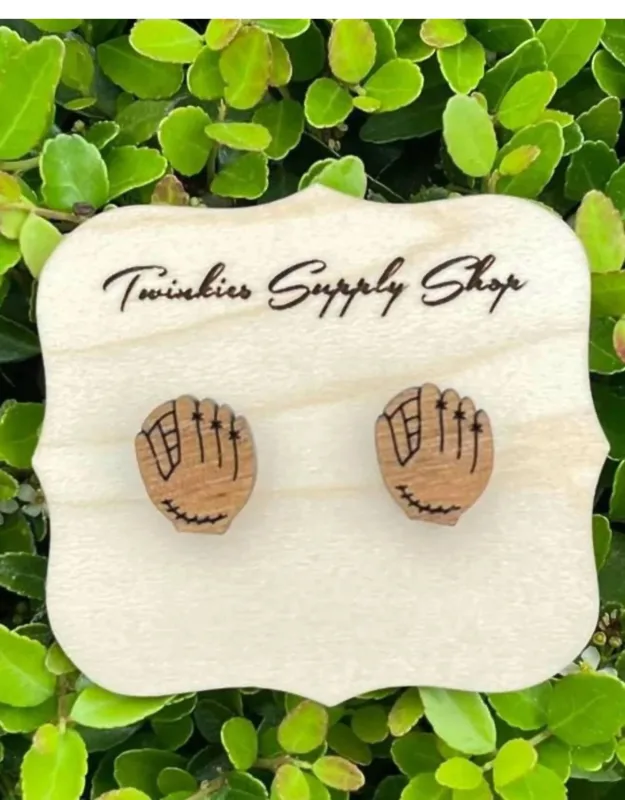 Wooden Baseball Glove Studs Earrings