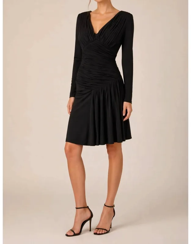 Pleated Long Sleeve V-neck Dress