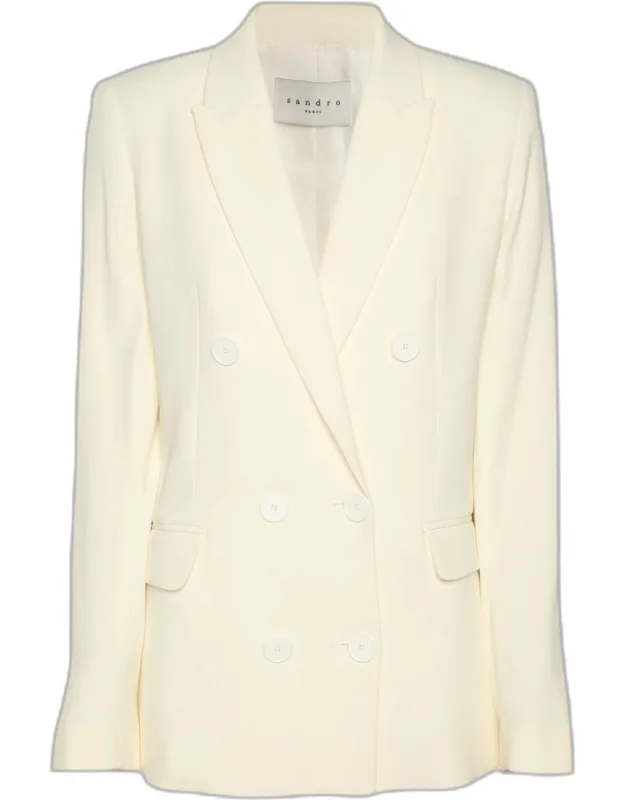 Cream Stretch Crepe Double Breasted Blazer