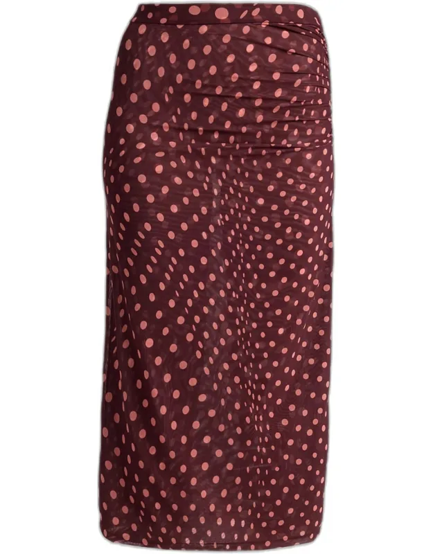 Polka Dot Mesh Ruched Midi Skirt