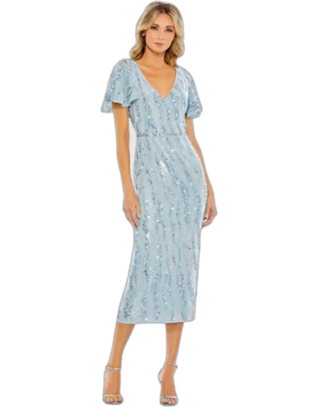 Sequined V Neck Flutter Sleeve Tea Length Dress