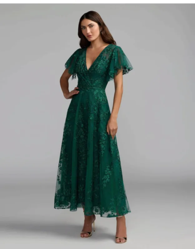 Embroidered Flutter Sleeve A Line Dress