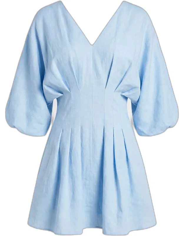 Pleated Blouson-sleeve Linen Mini Dress
