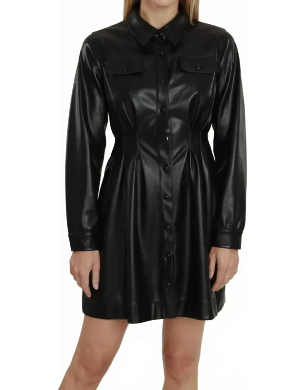 Vegan Leather Puff Shoulder Belted Dress