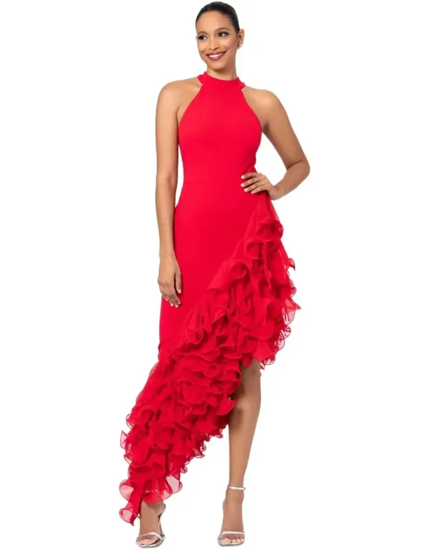 Dress With Ruffle Mock Neck And Asymmetrical Hem