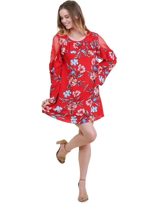 Ruffled Lace Floral Bell Sleeve Dress