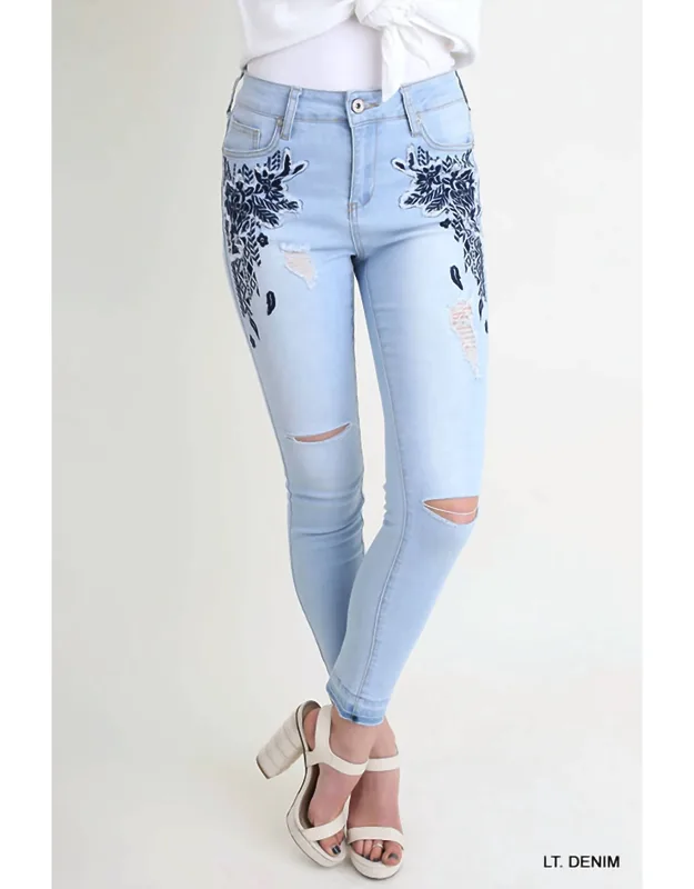 Floral Embroidered Distressed Skinny Jeans