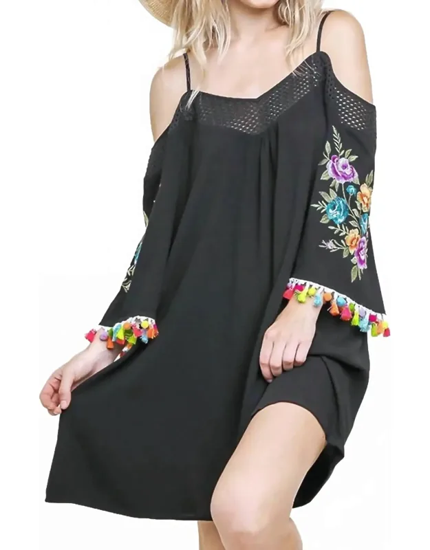 Floral Embroidered Pom And Tassel Mini Dress