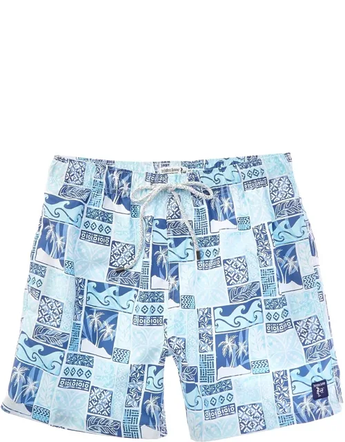 Endless Summer Swim Trunk - Aqua Beach Box Print, Elasticized Waist Drawstring Waistband