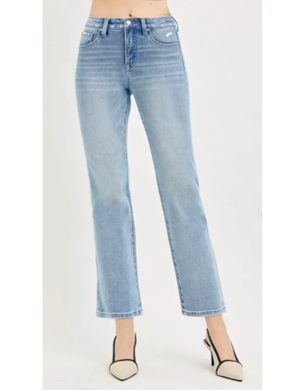 Mid Rise Tummy Control Ankle Straight Jeans