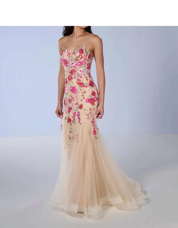 Prom Dress In Banana Cream With Floral Pattern And Spaghetti Straps