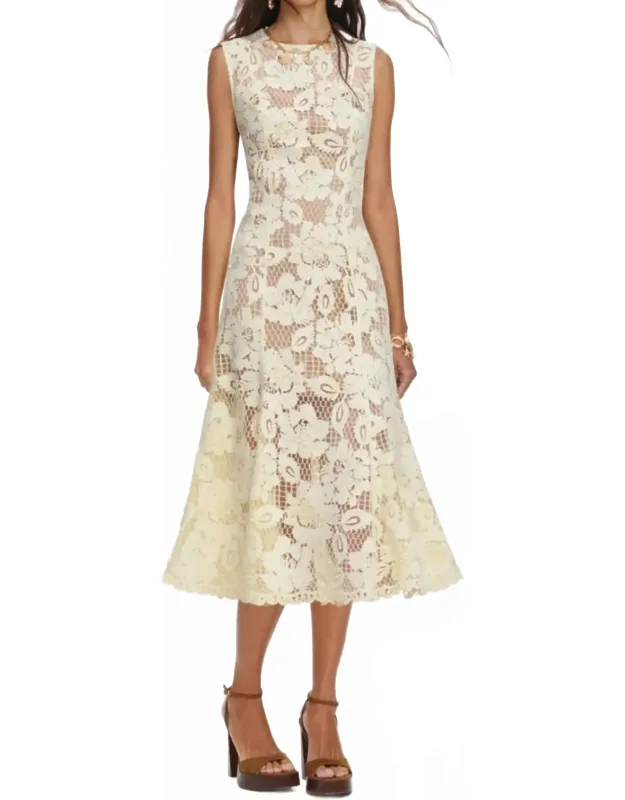 Crochet Lace Midi Dress With Feminine Elegance And Fit-and-flare Silhouette