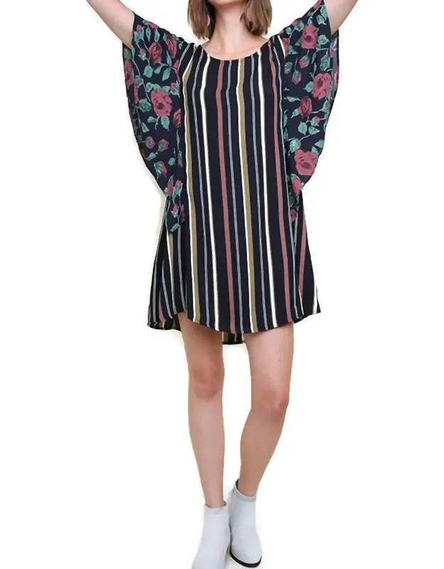 Striped And Floral Ruffle Sleeve Dress