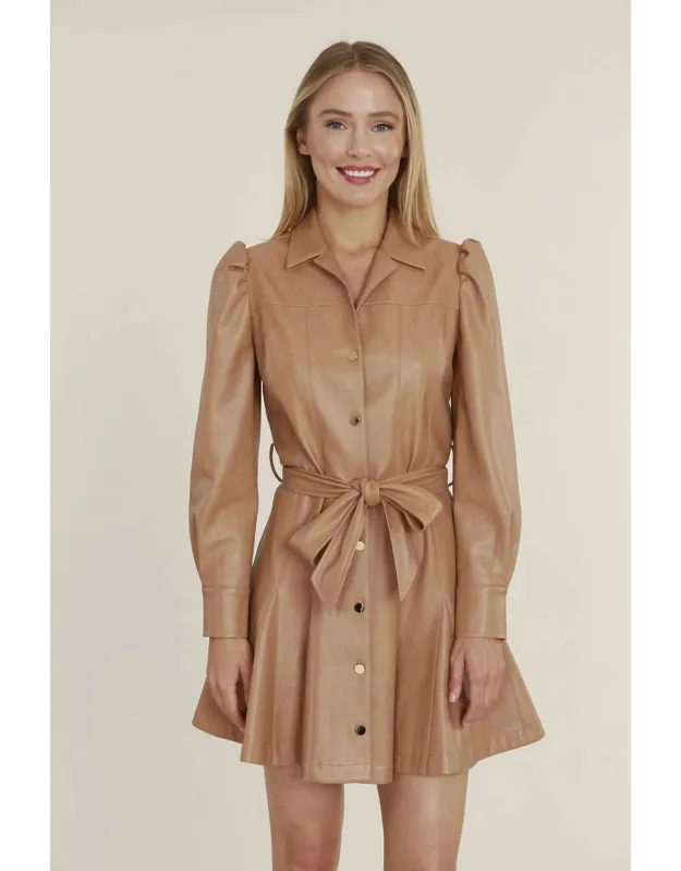 Vegan Leather Puff Shoulder Belted Dress