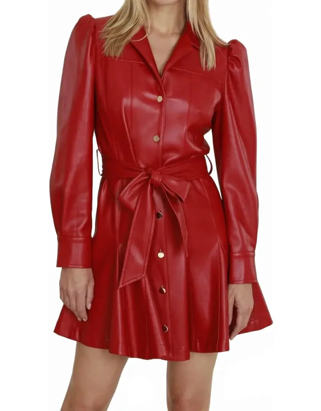 Vegan Leather Puff Shoulder Belted Dress