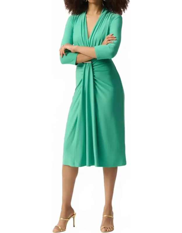 Ruched Faux Wrap Midi Sheath Dress