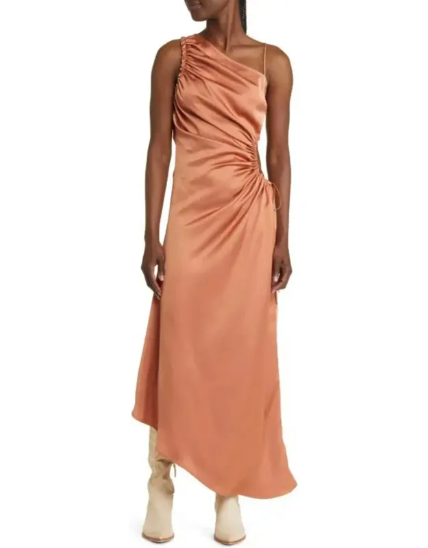 Ruched Asymmetric Satin Maxi Dress