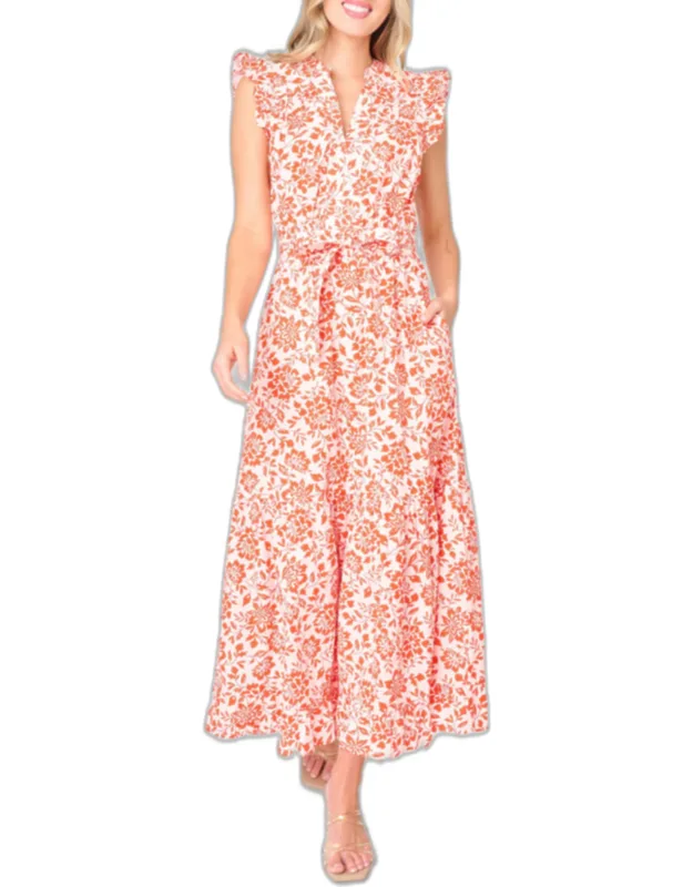 Notch Neck Flutter Sleeve Maxi Dress