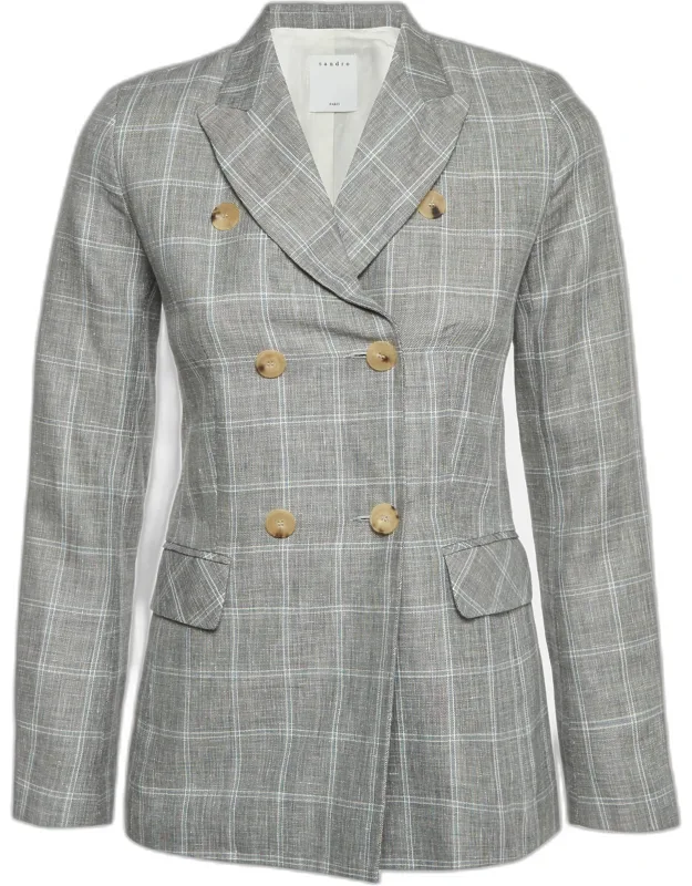Plaid Linen Blend Double Breasted Blazer