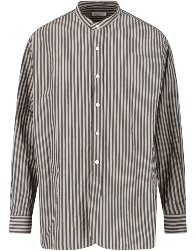 Striped Cotton Band Collar Shirt