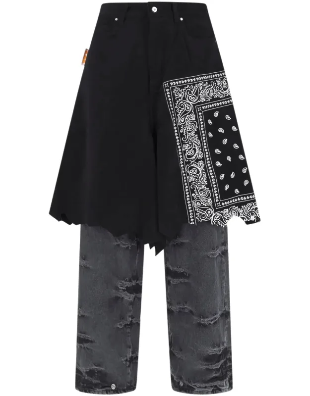 Layered Paisley Distressed Denim Jeans