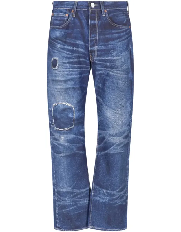 Patchwork Distressed Straight Leg Jeans