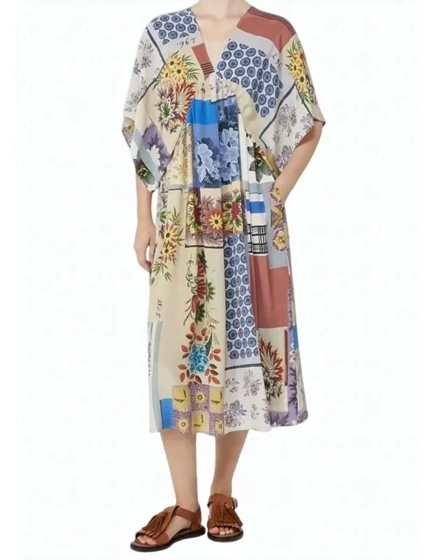 Patchwork Floral V Neck Dress