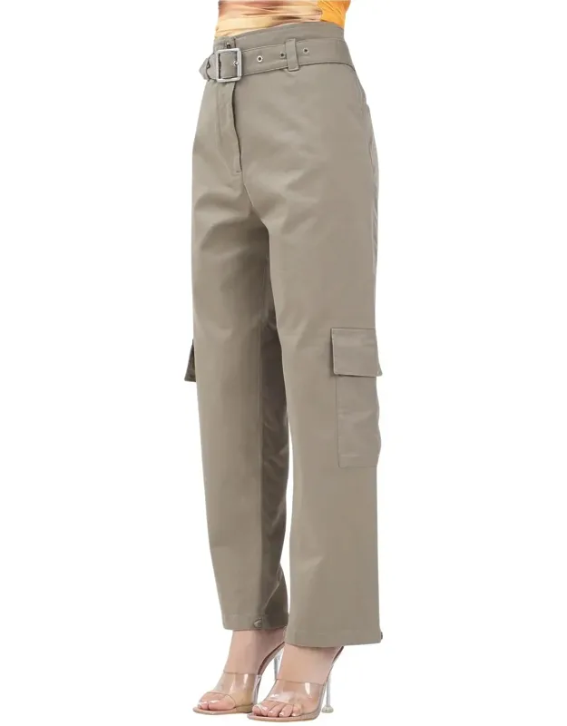 High-waist Khaki Trousers With Wide-leg Silhouette And Belted Waist