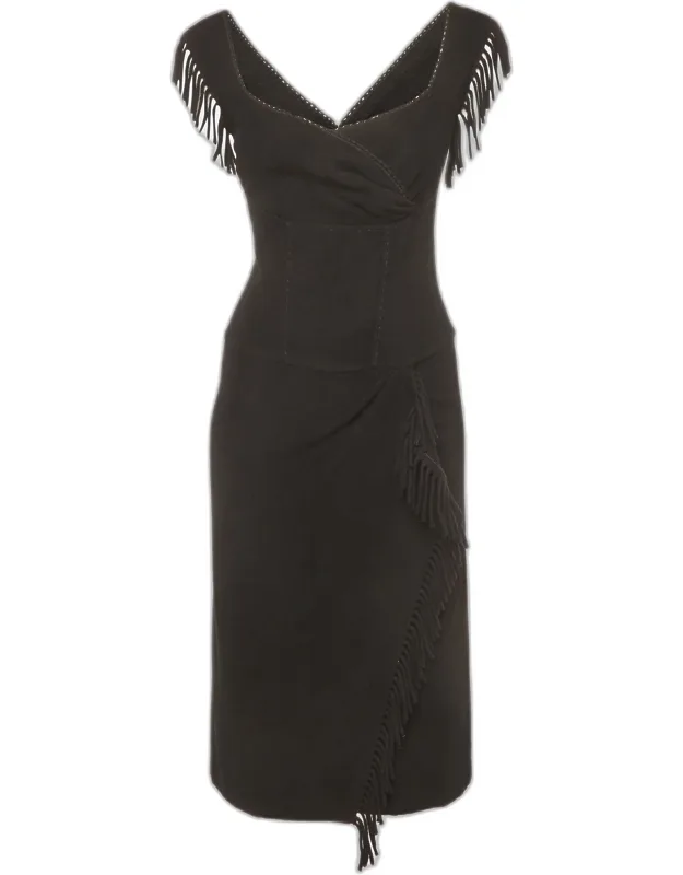 Fringe Detail Cashmere Overlay Midi Dress