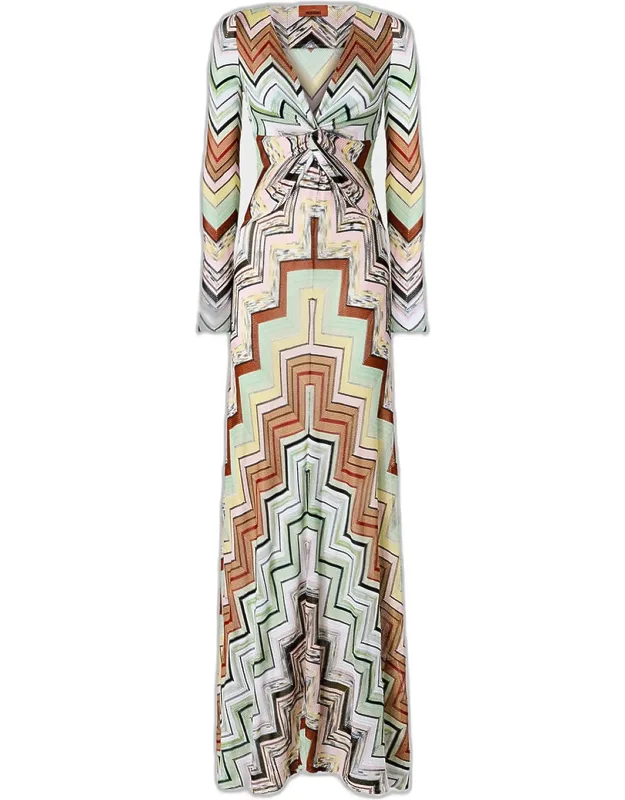 Chevron Crochet Knit Long-sleeve Maxi Dress
