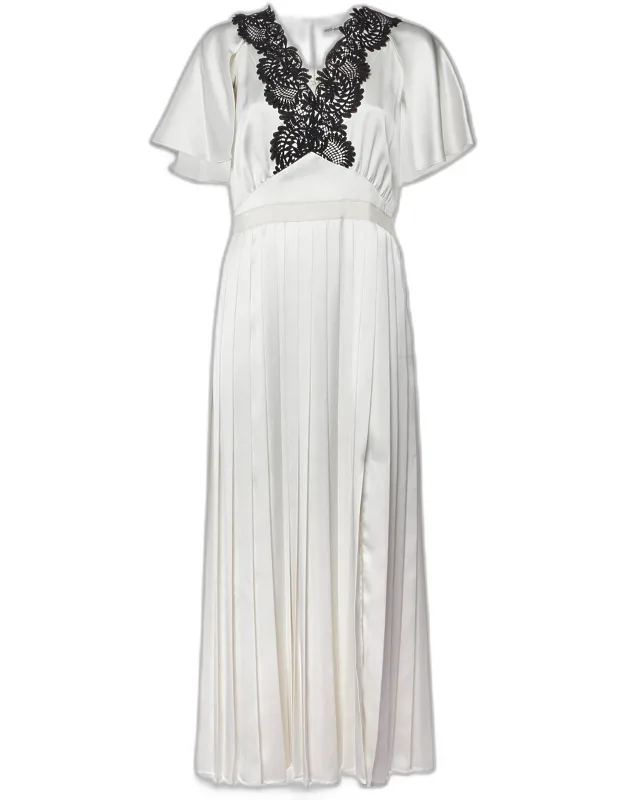 Lace Trim Satin Pleated Maxi Dress