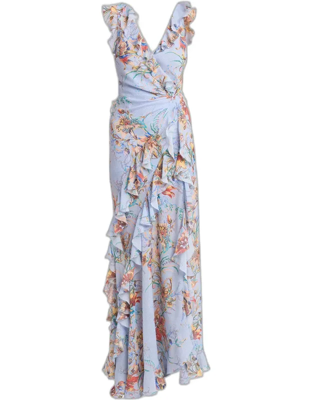 Floral-print Seersucker Ruffled Slit Maxi Dress