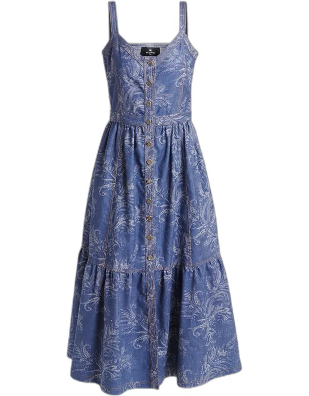 Paisley Denim Jacquard Tiered Midi Dress