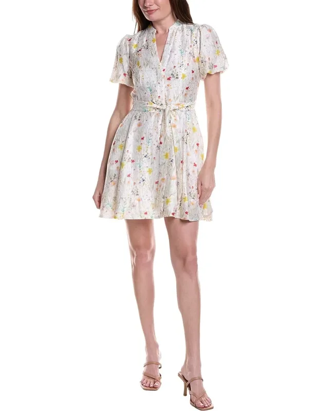 Puff Sleeve Belted A-line Linen-blend Mini Dress