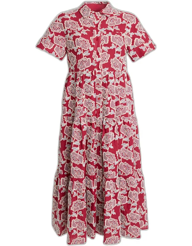 Embroidered Cotton Tiered Midi Shirtdress