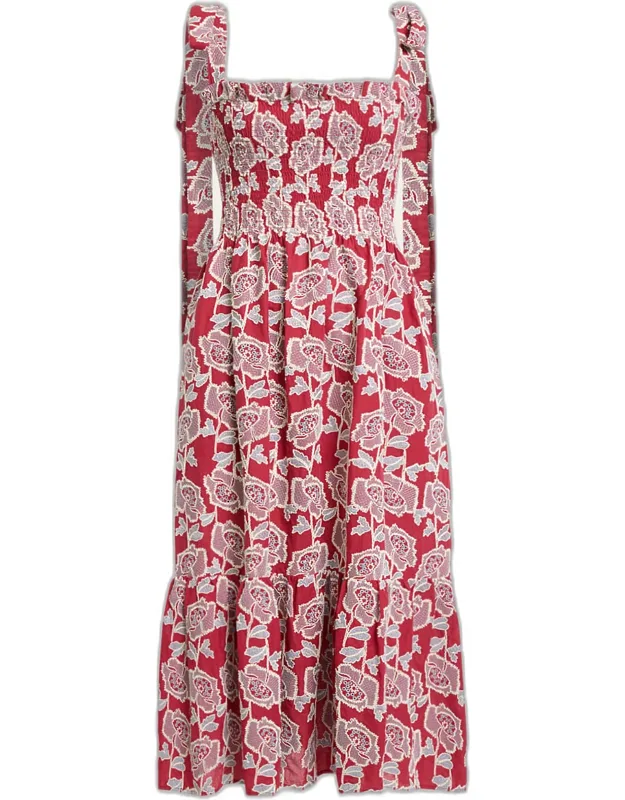 Floral Embroidered Cotton Smocked Sleeveless Midi Dress