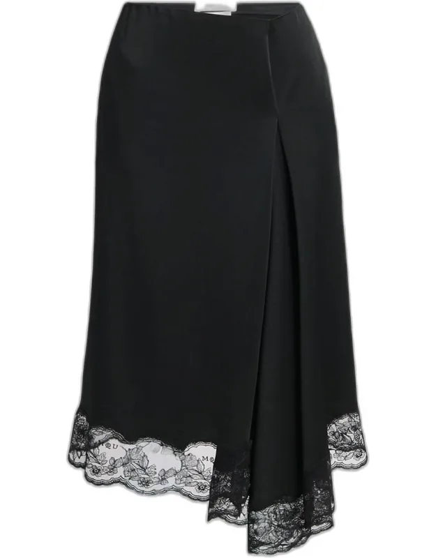 Asymmetric Lace-trim Satin Midi Skirt