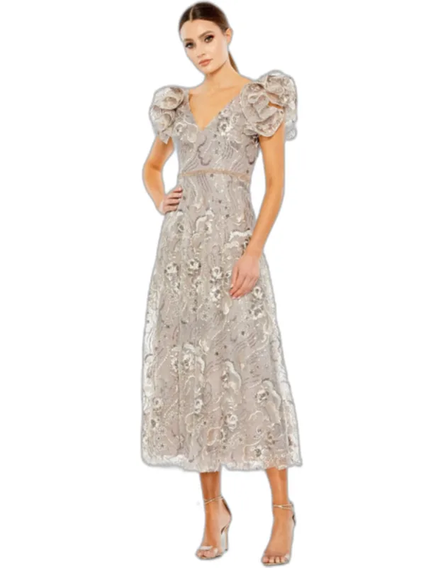 Embellished Ruffled Cap Sleeve A Line Dress