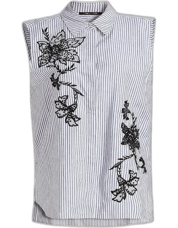 Striped Floral-embroidered Blouse