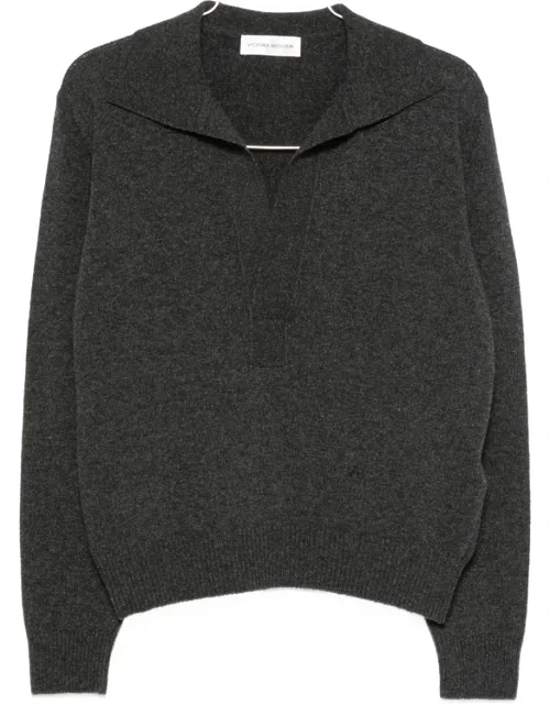 Polo-collar V-neck Wool Sweater
