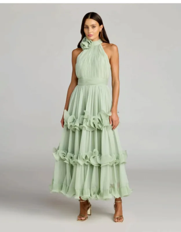 Chiffon Sleeveless Halter Neck Ruffle Midi Dress