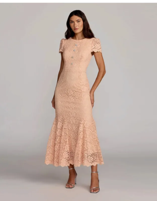 Embroidered Lace Cap Sleeve Midi Dress
