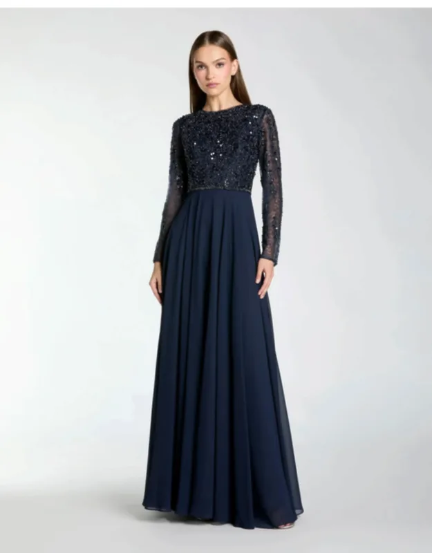 Embellished Lace Long Sleeve Gown With Chiffon Skirt