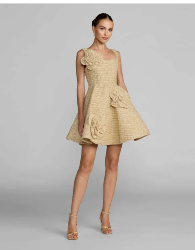 Gold Boucle Floral Applique Mini Dress With Pockets