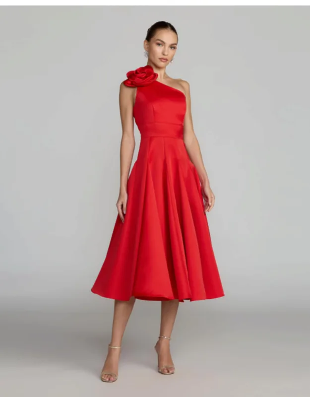 One Shoulder Satin Midi Dress With 3d Flower
