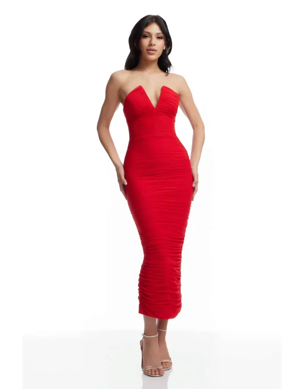 Bodycon Rouched V Neck Strapless Dress