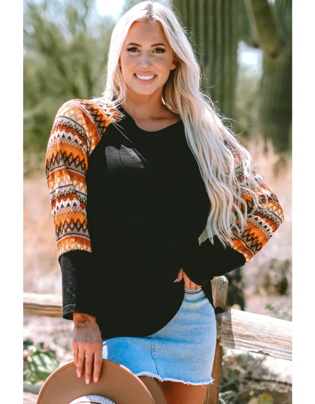 Geo Print Raglan Patchwork Long Sleeve Tee