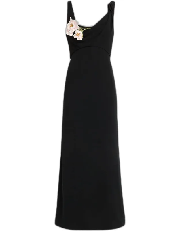 3d Peony Embroidered Fluid Crepe Twist Detail Dress