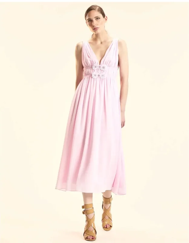 Silk Georgette Bow Applique Midi Dress