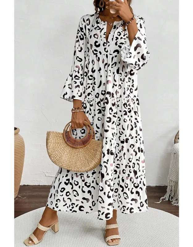 Leopard Print Notch V Neck Loose Fit Maxi Dress